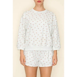 The Greii - Floral Printed Sweatshirt and Shorts Set - Light Heather Grey