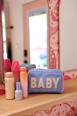 Jadelynn Brooke - Handle Cosmetic Bag - 'Baby' Embroidered (Blue/Matcha/Coral)