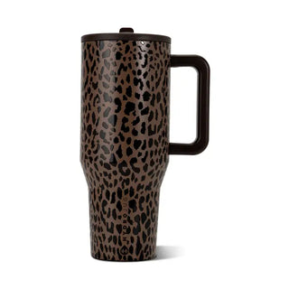 A 32 oz tumbler with a brown leopard print design and an integrated handle.