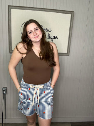 Oddi Blue Striped Strawberry Pull-on Embroidered Shorts