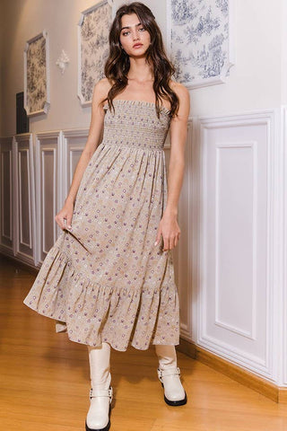 BUCKETLIST - Smocked Bodice Tube Top Midi Dress - Light Olive