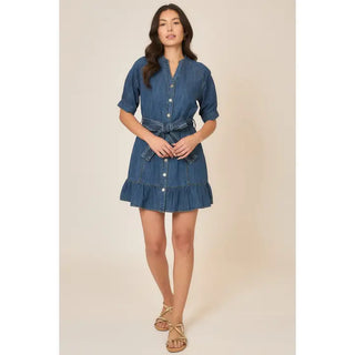 Cozy Co - Denim Button Up V Neck Half Sleeve Mini Dress
