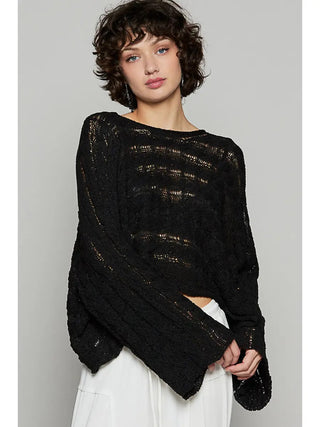 POL Crochet Long Sleeve Black Top YST594