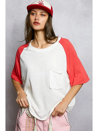 POL - Round Neck Short Sleeve Contrast Knit Top - Ivory/Apple