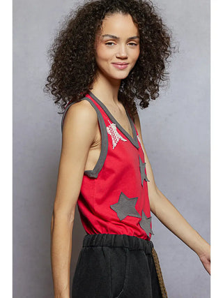 POL Star Patchwork V-Neck Tank Top – Red