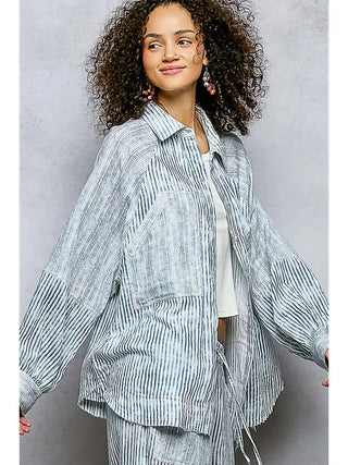 POL - Blue Stripe Striped Raglan Long Sleeve Woven Shirt Top