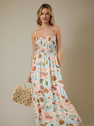 Sunday Riley Printed Smocked Maxi Dress