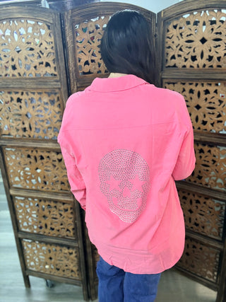 Fantastic Fawn - Coral Basic Long Sleeve Shirt W/ Back Skull Rhinestones