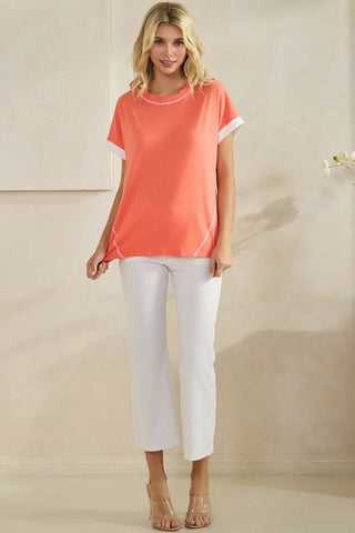 Yelete Soft Cotton Two Tone T-shirt with Contrast Seam Coral White
