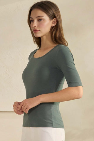 Yelete Pure Comfort Modern Mid Sleeve Ribbed Fitted Top Smokey Olive