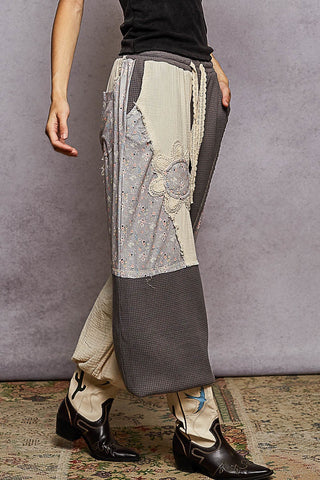 POL Double Gauze Mix Patch Floral Pattern Thermal Knit Pants- Stone Charcoal