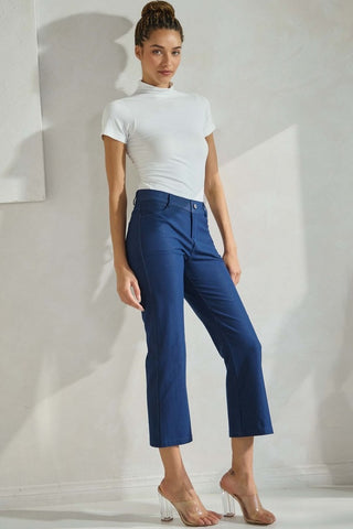 Yelete Classic Solid Straight Leg Crop Pants Denim Blue