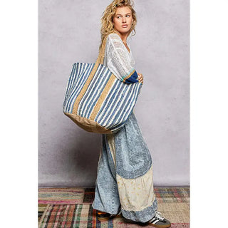 POL - Ivory/Denim Cotton Weave Stripe Denim Tote Bag