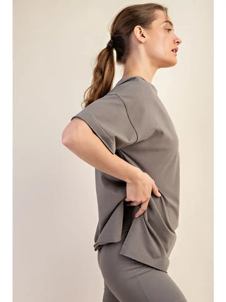 Rae Mode- Smoky Olive V-Neck Reversible Short Sleeve Top