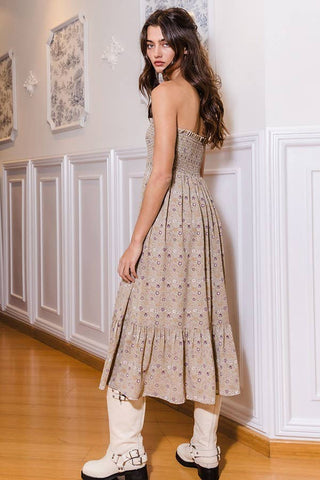 BUCKETLIST - Smocked Bodice Tube Top Midi Dress - Light Olive