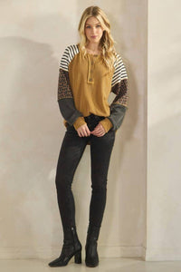 HEIMISH - LONG SLEEVE SOLID AND PRINT URBAN RIB CONTRAST TOP