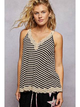 POL Striped Lace Trim Tank Top