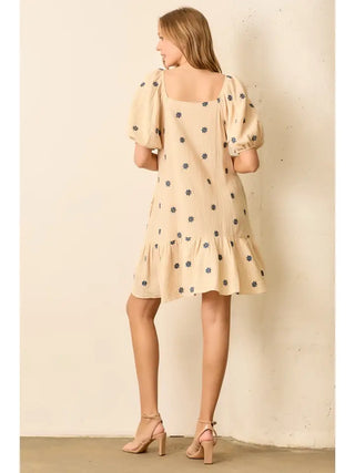 Polagram - Printed Floral Short Sleeve Mini Dress - Taupe/Brown
