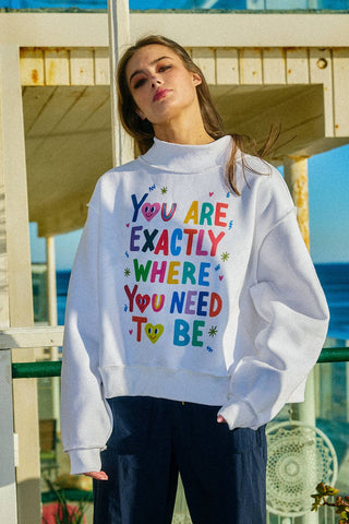 BUCKETLIST Exactly Where you Need to Be Reversible Graphic Mock-Neck Crop Sweatshirt