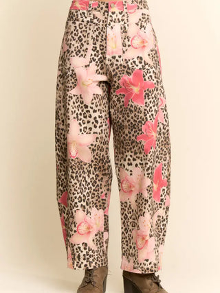 Davi & Dani - Leopard Floral Print Relaxed Wide Leg Pants