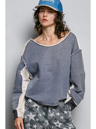 Pol - Casual French Terry Outseam Accent Solid Long Sleeve Top