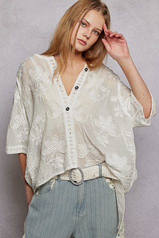 POL Embroidered Floral Hooded Button Top Off White – Effortless Boho Style