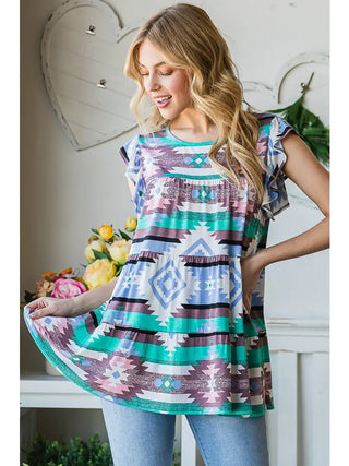 Heimish - Butterfly Sleeve Multi Color Aztec Tiered Top - Blue