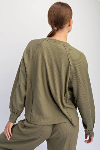 Rae Mode Waffle Knit Long Sleeve Lounge Top Olive