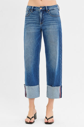 Risen - Tummy Control Wide Cuffed Jeans - Dark