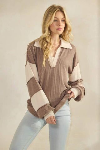 HEIMISH - LONG SLEEVE MANDARIN COLLAR SOLID CONTRAST TOP