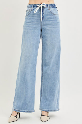 Risen - Elastic Band Slouchy Wide Jeans - Light