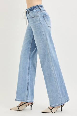 Risen - Elastic Band Slouchy Wide Jeans - Light