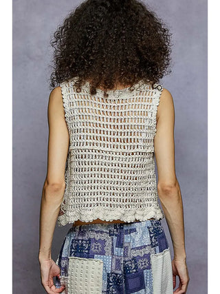 Crochet Lace Sleeveless Tank Top - Natural/Camel
