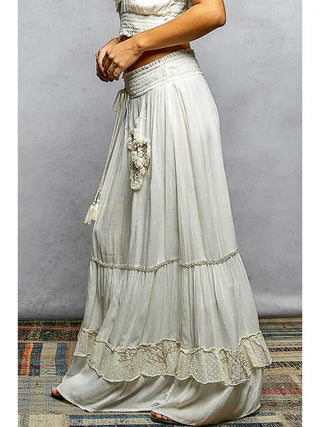 POL- Smocked Waist Ruffle Embroidered Fringe Long Skirt