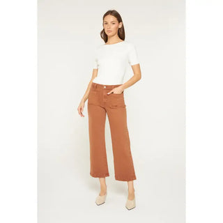Mica Denim - High Rise Cropped Wide Leg with Patch Pkt - Baker's Brown