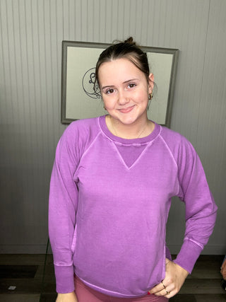 Zenana Washed Raglan Crewneck Sweatshirt – Relaxed Fix- Light Plum