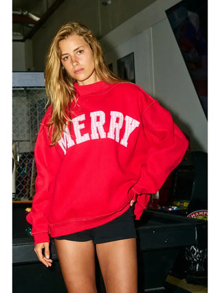 BUCKETLIST -  'Merry' Embroidered Mock Neck Sweatshirt - Red