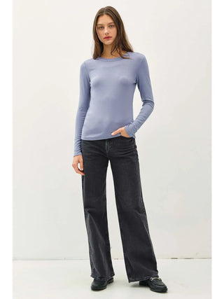 Be Cool - Round Neck Long Sleeve Knit Top - Vintage Blue