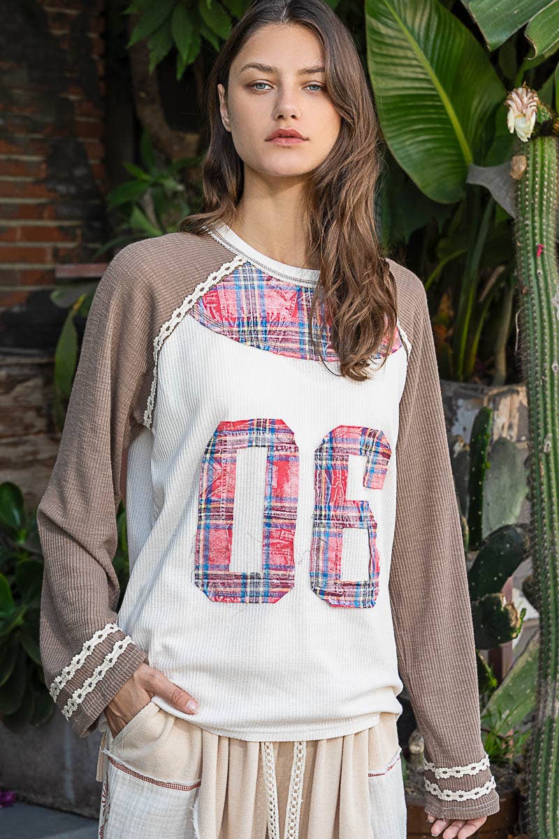 POL Clothing - Plaid Patch “06” Graphic Raglan Top