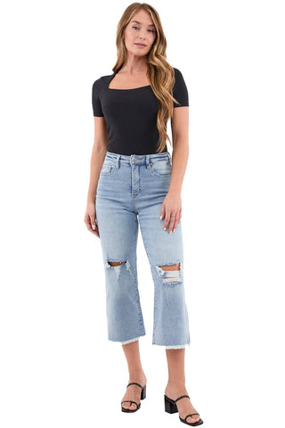 RFM - Chloe High Rise Wide Leg Cropped Frayed Jeans