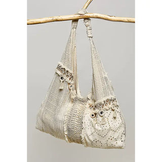 POL - Mirror Dangle Tassel Lace Patched Hobo Bag - Natural