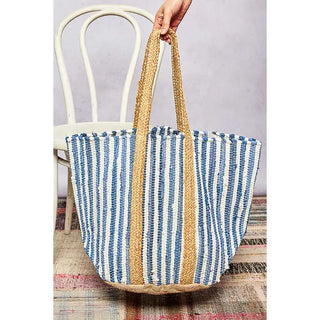 POL - Ivory/Denim Cotton Weave Stripe Denim Tote Bag