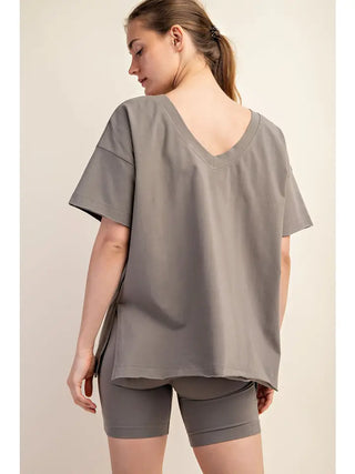 Rae Mode- Smoky Olive V-Neck Reversible Short Sleeve Top