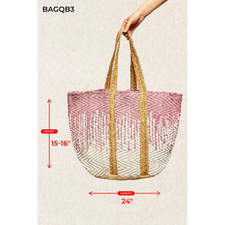 POL - Ivory/Pink Denim Crochet Woven Tote Bag