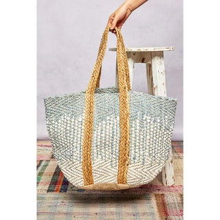 POL - Ivory/Sky Denim Crochet Woven Tote Bag