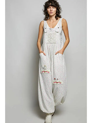 Pol - Vintage Floral Knit Contrast Pocket Jogger Overalls