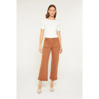 Mica Denim - High Rise Cropped Wide Leg with Patch Pkt - Baker's Brown