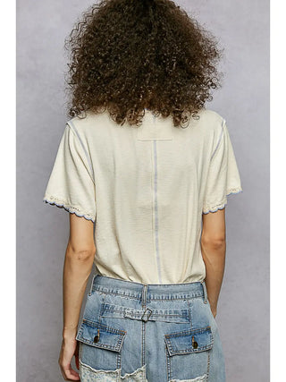 Pol Lace Trim V-Neck Short Sleeve Tee Cream