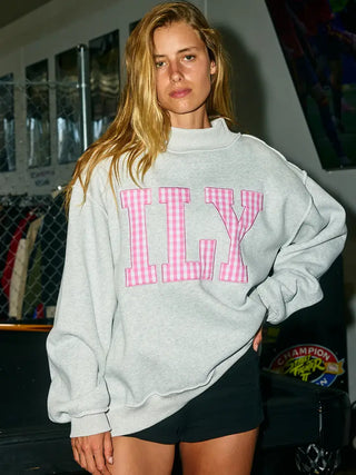 BUCKETLIST -  'ILY' Gingham-Patch Mock-Neck Sweatshirt - Gray