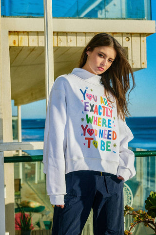 BUCKETLIST Exactly Where you Need to Be Reversible Graphic Mock-Neck Crop Sweatshirt